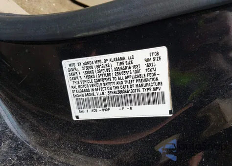 2008 Honda Odyssey Ex-L z USA, uszkodzony, nr VIN 5FNRL38638B100776